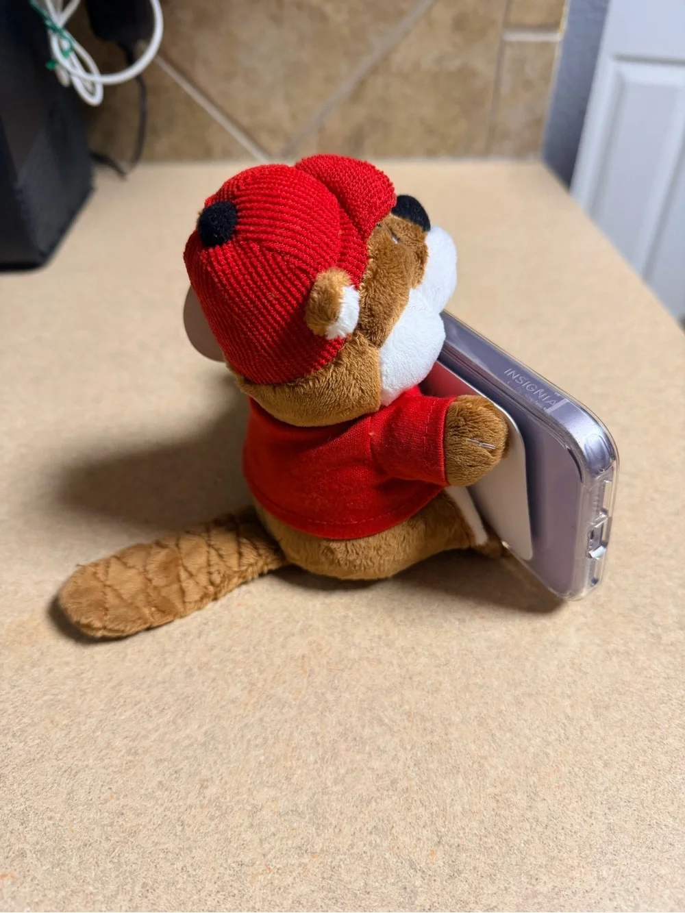 Plush Phone Holder in Brown and Red - Cute Desk Stand